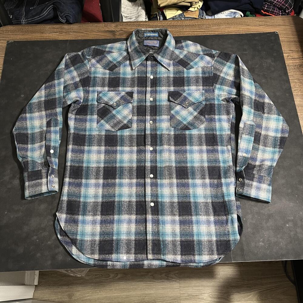 Vintage Pendleton Western Shirt Mens Cowboy Shadow Plaid Wool Pearl Snap USA 60s